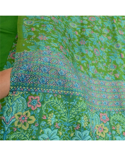 Sanskriti Vintage Sarees From India Green Pure Silk Printed Sari Craft Fabric, PR-64699-Green-Pure Silk-7