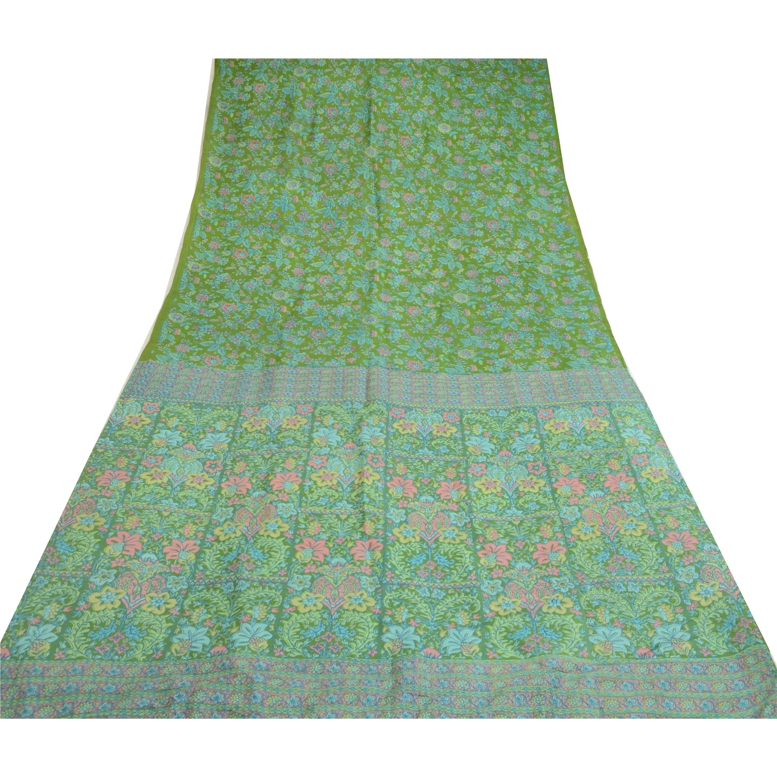 Sanskriti Vintage Sarees From India Green Pure Silk Printed Sari Craft Fabric, PR-64699-Green-Pure Silk-10