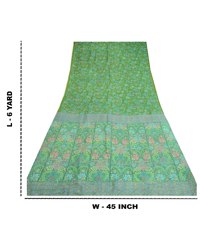 Sanskriti Vintage Sarees From India Green Pure Silk Printed Sari Craft Fabric, PR-64699-Green-Pure Silk-11