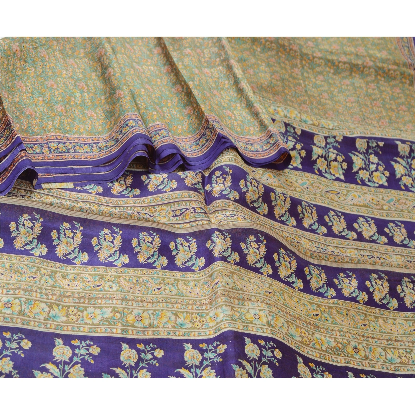 Sanskriti Vintage Sarees Indian Green &amp; Purple Pure Silk Printed Sari 5Yd Fabric, PR-64704-Green &amp; Purple-Pure Silk-1