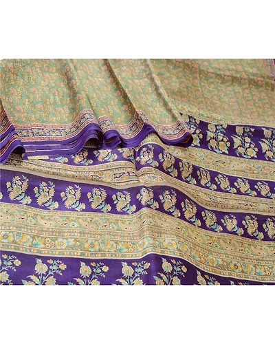 Sanskriti Vintage Sarees Indian Green &amp; Purple Pure Silk Printed Sari 5Yd Fabric, PR-64704-Green &amp; Purple-Pure Silk-1