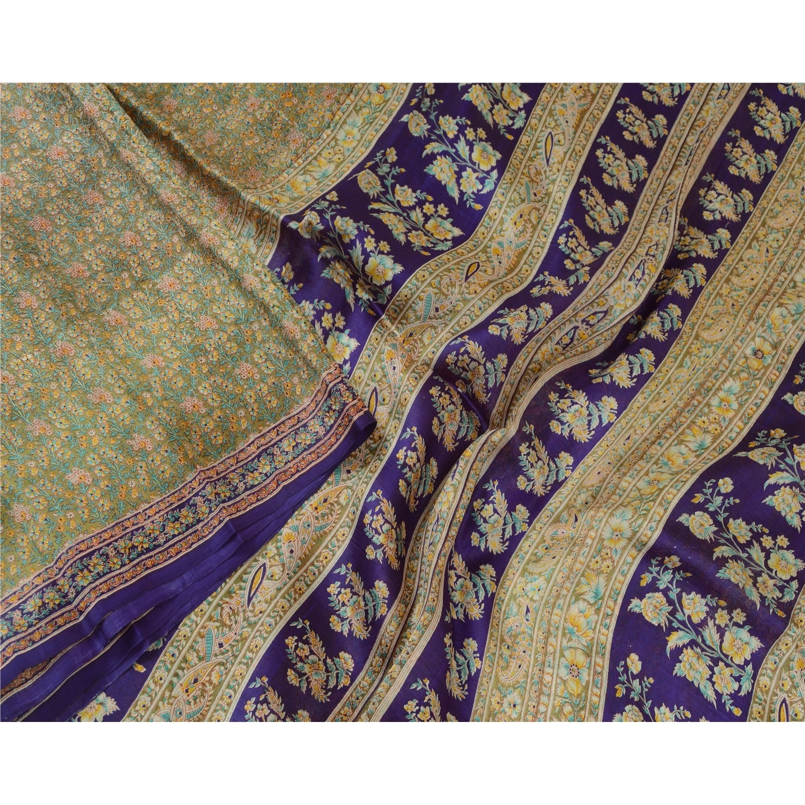 Sanskriti Vintage Sarees Indian Green &amp; Purple Pure Silk Printed Sari 5Yd Fabric, PR-64704-Green &amp; Purple-Pure Silk-3