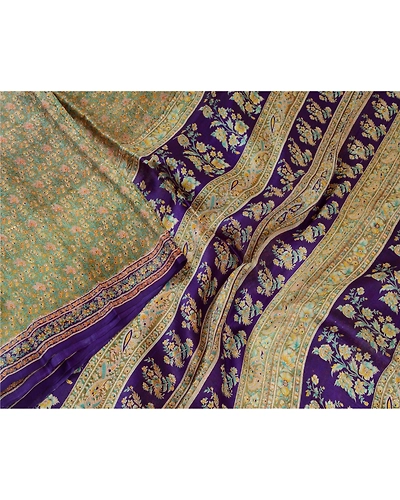 Sanskriti Vintage Sarees Indian Green &amp; Purple Pure Silk Printed Sari 5Yd Fabric, PR-64704-Green &amp; Purple-Pure Silk-3