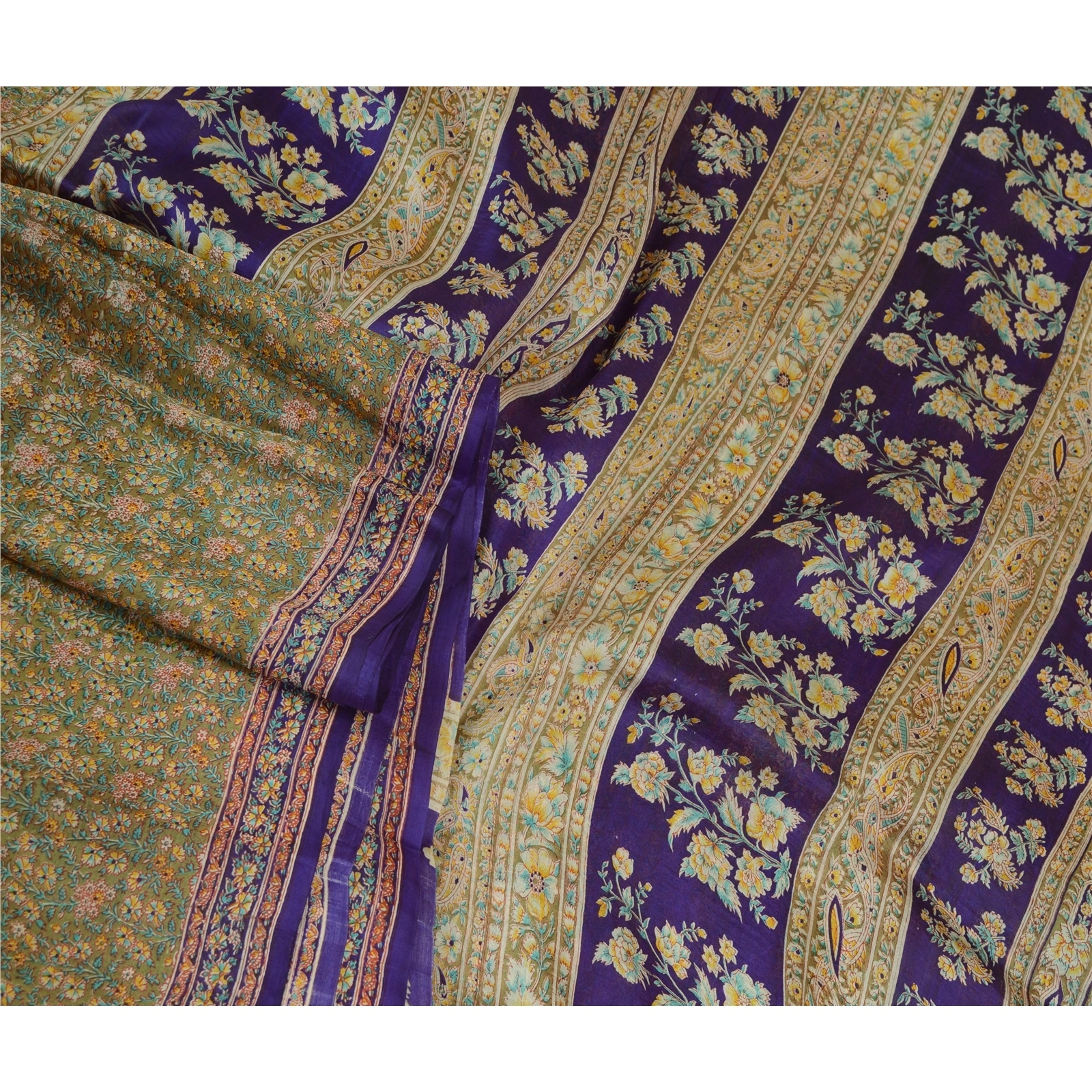 Sanskriti Vintage Sarees Indian Green &amp; Purple Pure Silk Printed Sari 5Yd Fabric, PR-64704-Green &amp; Purple-Pure Silk-4