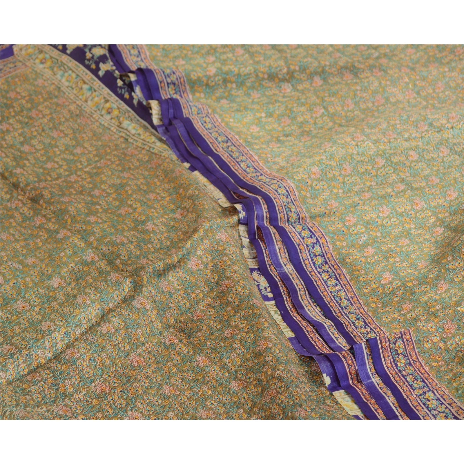 Sanskriti Vintage Sarees Indian Green &amp; Purple Pure Silk Printed Sari 5Yd Fabric, PR-64704-Green &amp; Purple-Pure Silk-5