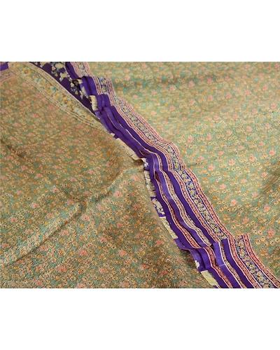 Sanskriti Vintage Sarees Indian Green &amp; Purple Pure Silk Printed Sari 5Yd Fabric, PR-64704-Green &amp; Purple-Pure Silk-5