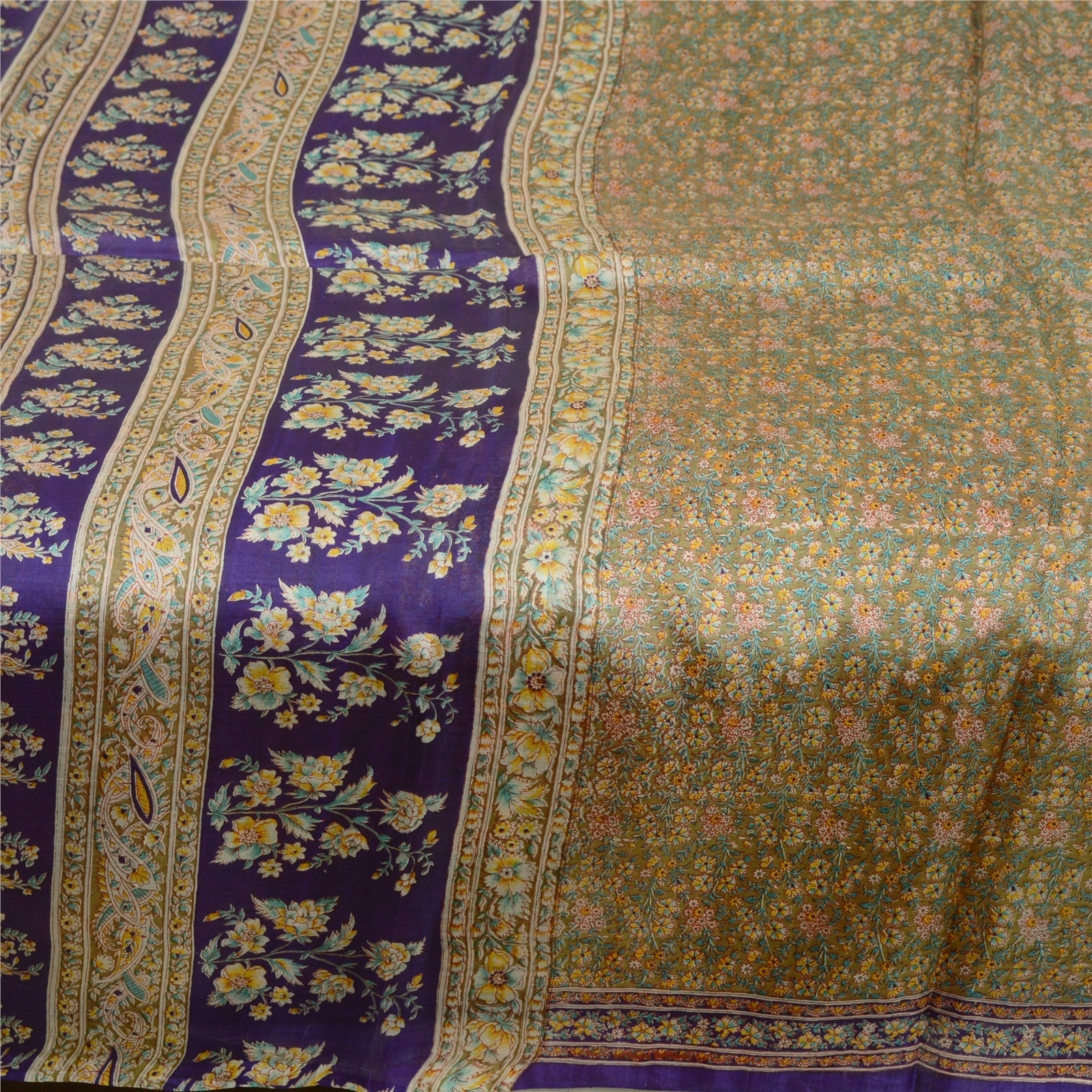 Sanskriti Vintage Sarees Indian Green &amp; Purple Pure Silk Printed Sari 5Yd Fabric, PR-64704-Green &amp; Purple-Pure Silk-6