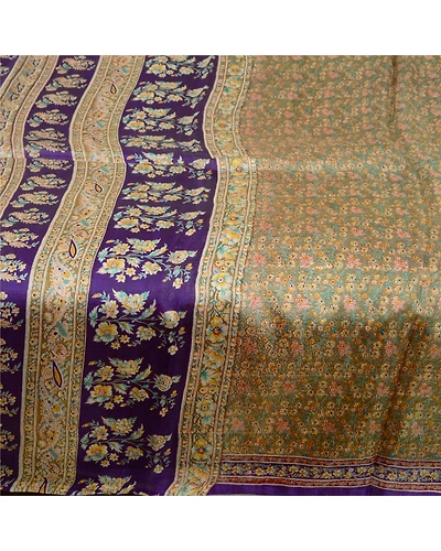 Sanskriti Vintage Sarees Indian Green &amp; Purple Pure Silk Printed Sari 5Yd Fabric, PR-64704-Green &amp; Purple-Pure Silk-6