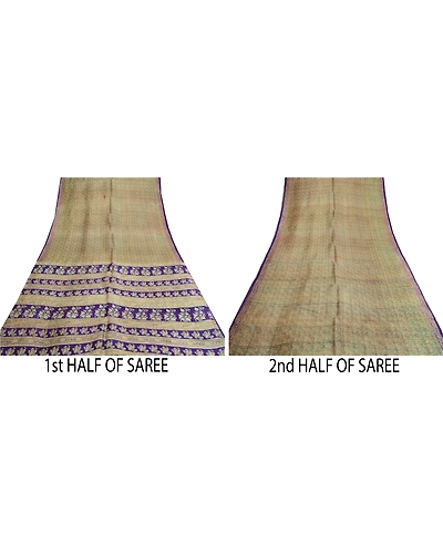 Sanskriti Vintage Sarees Indian Green &amp; Purple Pure Silk Printed Sari 5Yd Fabric, PR-64704-Green &amp; Purple-Pure Silk-7