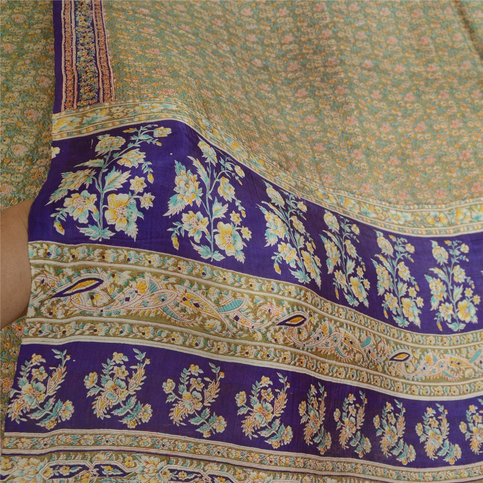 Sanskriti Vintage Sarees Indian Green &amp; Purple Pure Silk Printed Sari 5Yd Fabric, PR-64704-Green &amp; Purple-Pure Silk-8