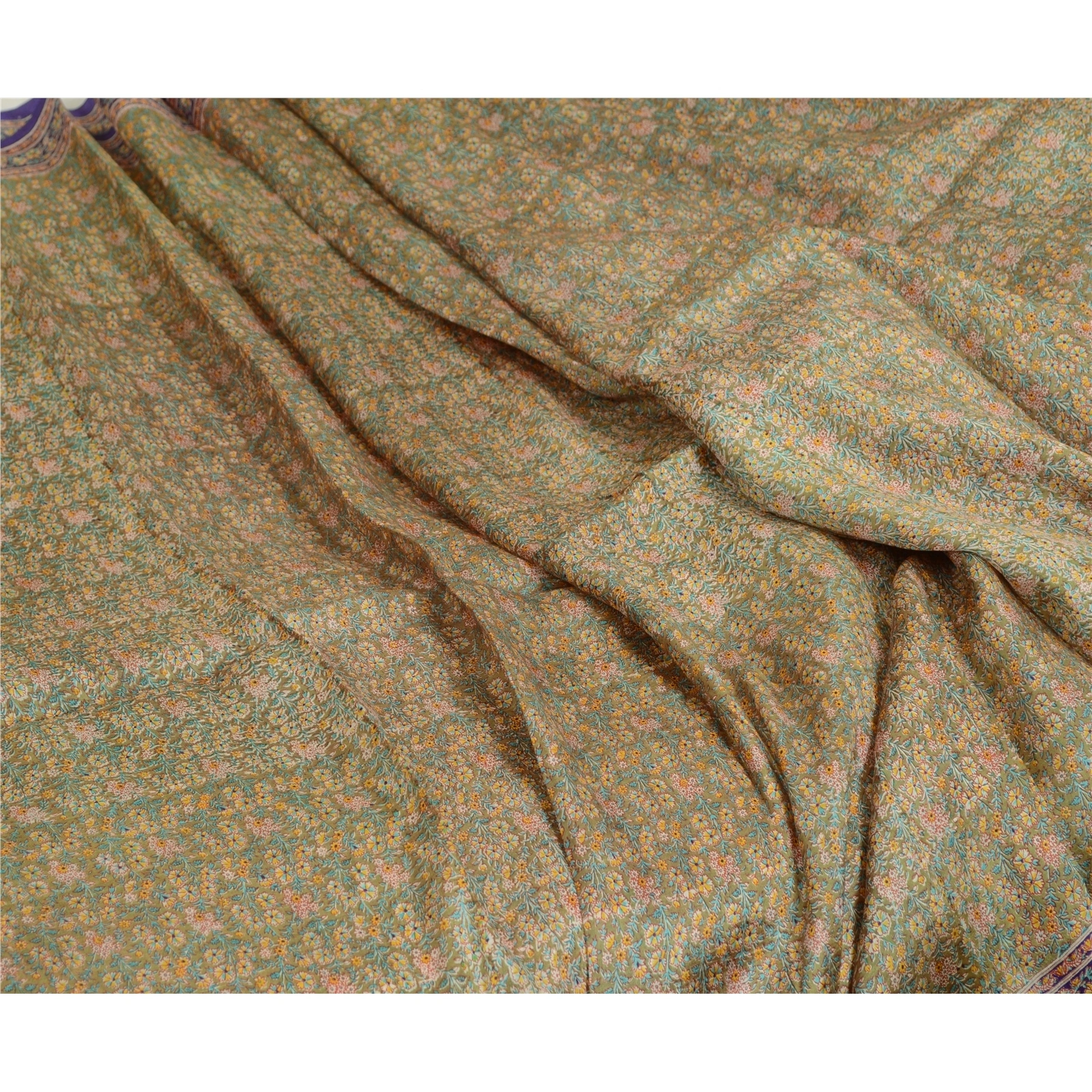 Sanskriti Vintage Sarees Indian Green &amp; Purple Pure Silk Printed Sari 5Yd Fabric, PR-64704-Green &amp; Purple-Pure Silk-9