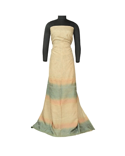 Sanskriti Vintage Sarees Ivory/Green Pure Silk Printed &amp; Woven Sari Craft Fabric, PR-64707-Ivory &amp; Green-Pure Silk-2