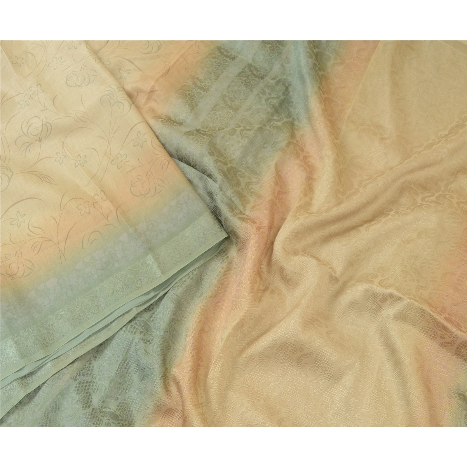 Sanskriti Vintage Sarees Ivory/Green Pure Silk Printed &amp; Woven Sari Craft Fabric, PR-64707-Ivory &amp; Green-Pure Silk-3