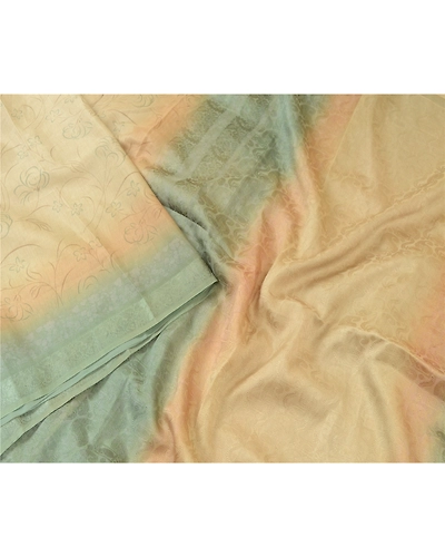 Sanskriti Vintage Sarees Ivory/Green Pure Silk Printed &amp; Woven Sari Craft Fabric, PR-64707-Ivory &amp; Green-Pure Silk-3