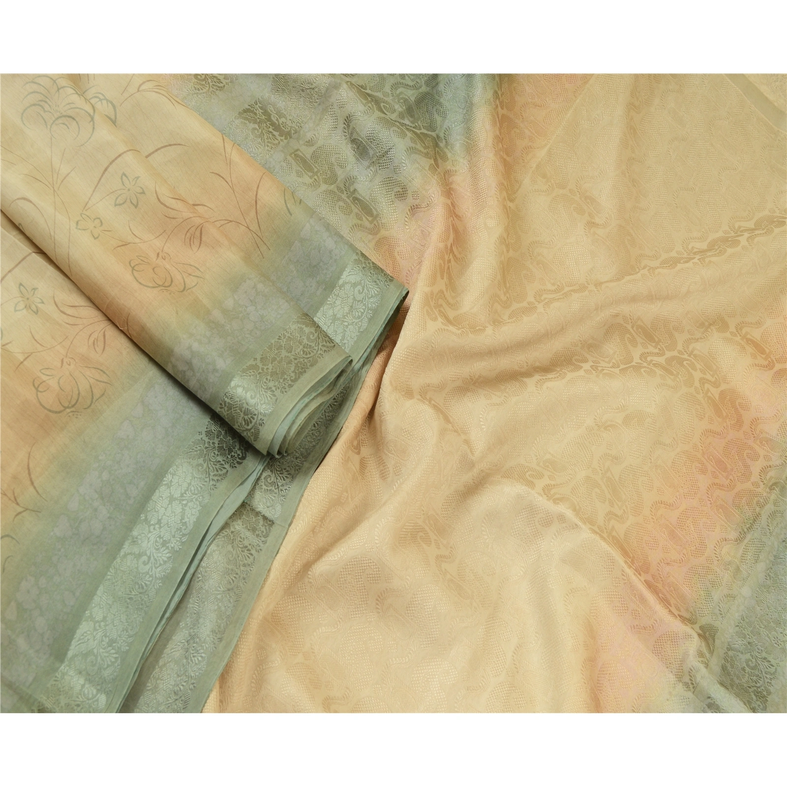 Sanskriti Vintage Sarees Ivory/Green Pure Silk Printed &amp; Woven Sari Craft Fabric, PR-64707-Ivory &amp; Green-Pure Silk-4