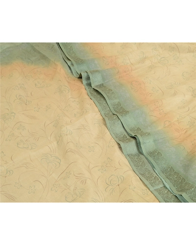 Sanskriti Vintage Sarees Ivory/Green Pure Silk Printed &amp; Woven Sari Craft Fabric, PR-64707-Ivory &amp; Green-Pure Silk-5