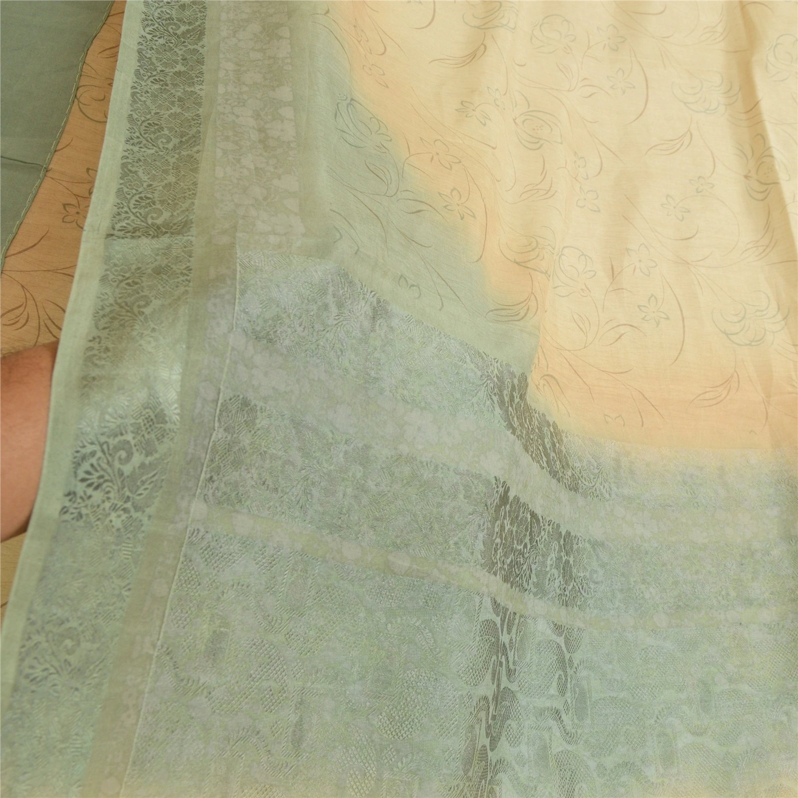 Sanskriti Vintage Sarees Ivory/Green Pure Silk Printed &amp; Woven Sari Craft Fabric, PR-64707-Ivory &amp; Green-Pure Silk-8