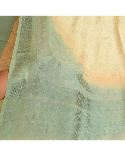 Sanskriti Vintage Sarees Ivory/Green Pure Silk Printed &amp; Woven Sari Craft Fabric, PR-64707-Ivory &amp; Green-Pure Silk-8
