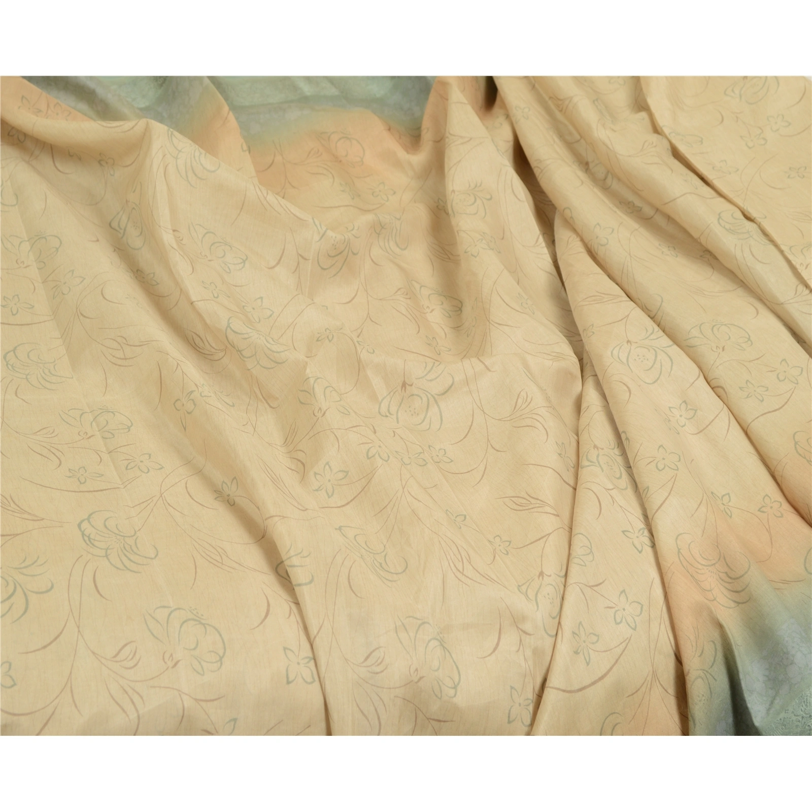 Sanskriti Vintage Sarees Ivory/Green Pure Silk Printed &amp; Woven Sari Craft Fabric, PR-64707-Ivory &amp; Green-Pure Silk-9