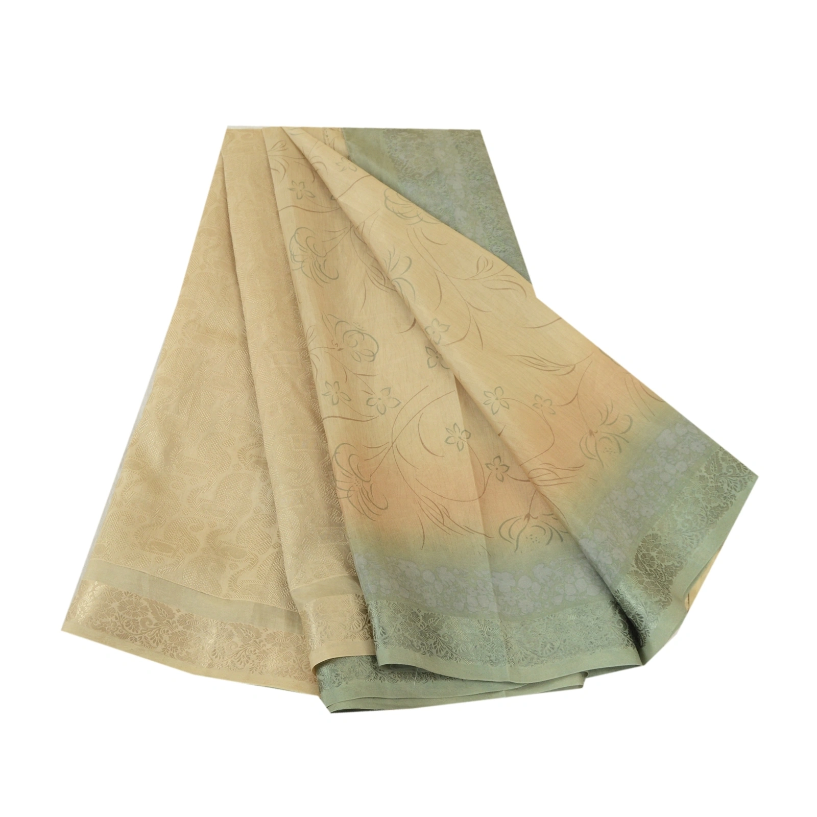 Sanskriti Vintage Sarees Ivory/Green Pure Silk Printed &amp; Woven Sari Craft Fabric, PR-64707-Ivory &amp; Green-Pure Silk-10