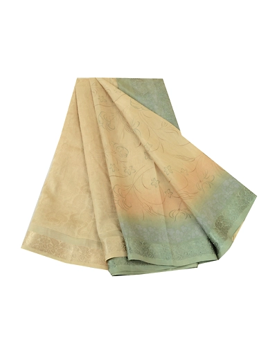 Sanskriti Vintage Sarees Ivory/Green Pure Silk Printed &amp; Woven Sari Craft Fabric, PR-64707-Ivory &amp; Green-Pure Silk-10