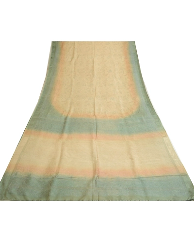 Sanskriti Vintage Sarees Ivory/Green Pure Silk Printed &amp; Woven Sari Craft Fabric, PR-64707-Ivory &amp; Green-Pure Silk-11