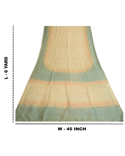 Sanskriti Vintage Sarees Ivory/Green Pure Silk Printed &amp; Woven Sari Craft Fabric, PR-64707-Ivory &amp; Green-Pure Silk-12
