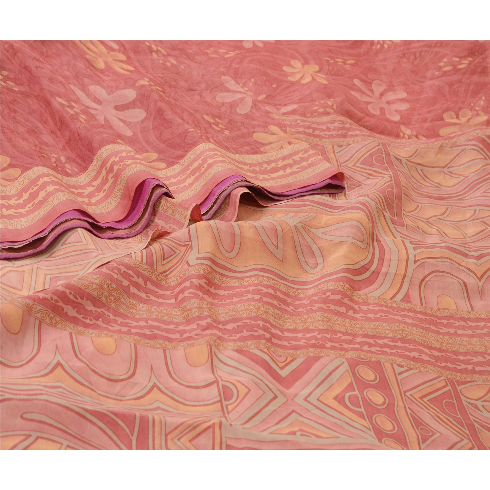 Sanskriti Vintage Sarees Indian Blush-Pink Pure Silk Printed Sari Craft Fabric, PR-64714-Blush-Pink-Pure Silk-1