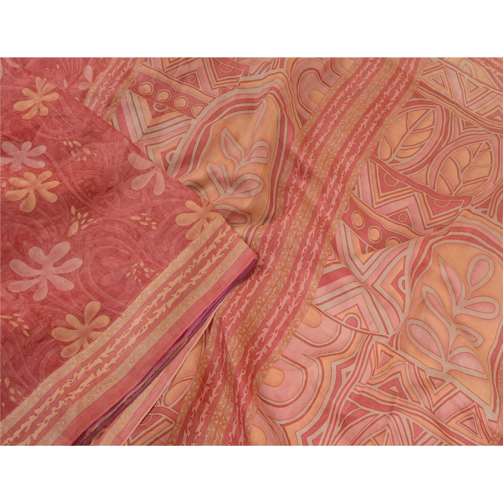 Sanskriti Vintage Sarees Indian Blush-Pink Pure Silk Printed Sari Craft Fabric, PR-64714-Blush-Pink-Pure Silk-2