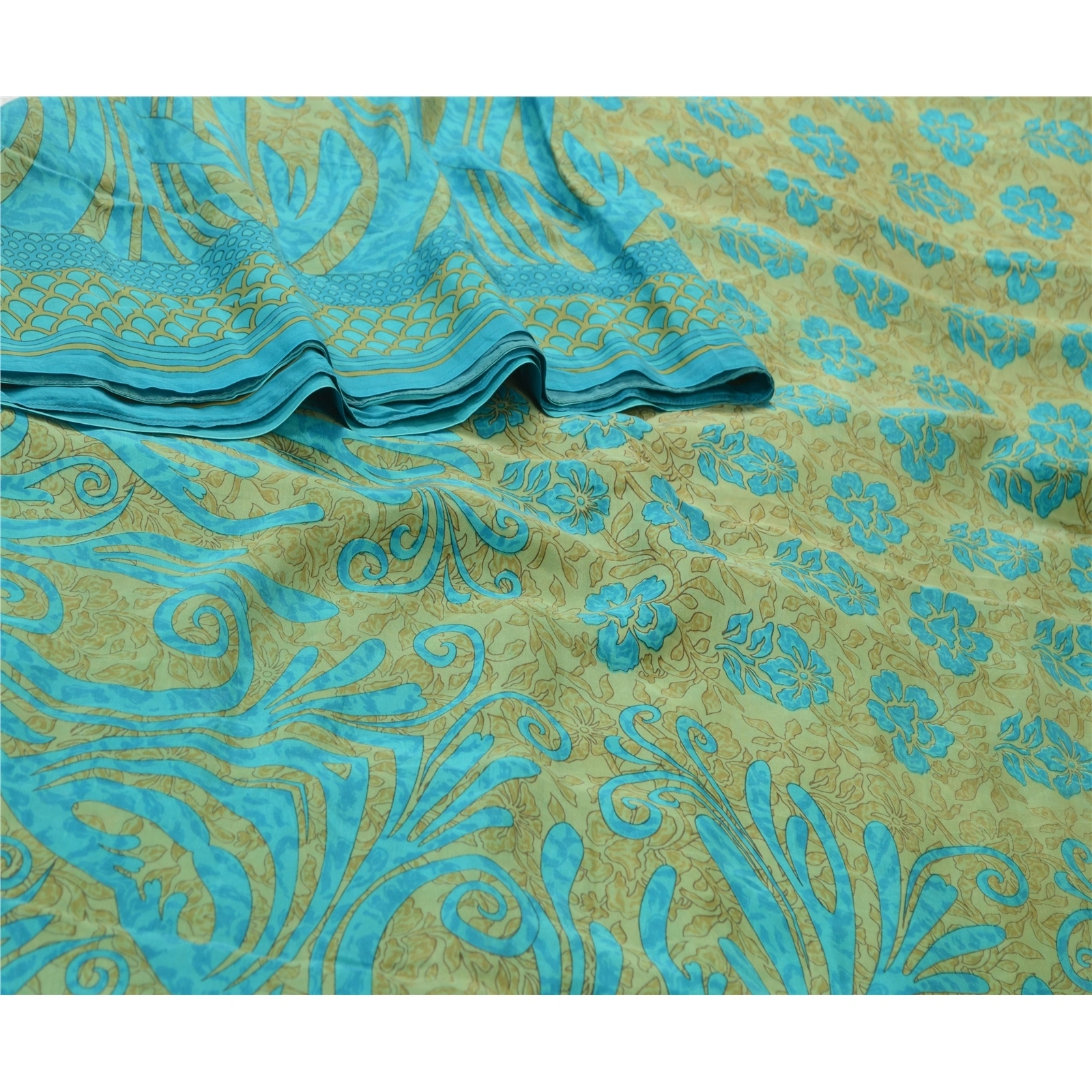 Sanskriti Vintage Sarees Indian Blue &amp; Green Pure Silk Printed Sari Craft Fabric, PR-64717-Green &amp; Blue-Pure Silk-1