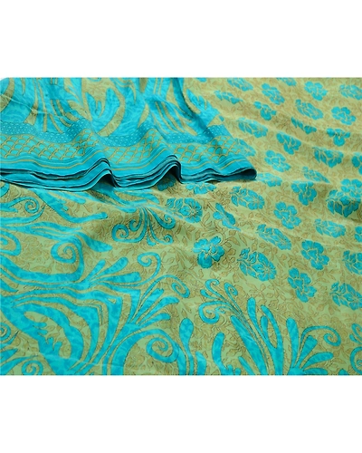 Sanskriti Vintage Sarees Indian Blue &amp; Green Pure Silk Printed Sari Craft Fabric, PR-64717-Green &amp; Blue-Pure Silk-1