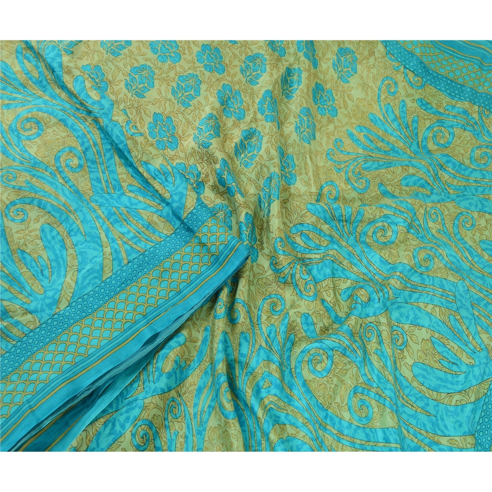 Sanskriti Vintage Sarees Indian Blue &amp; Green Pure Silk Printed Sari Craft Fabric, PR-64717-Green &amp; Blue-Pure Silk-4