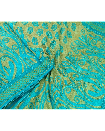 Sanskriti Vintage Sarees Indian Blue &amp; Green Pure Silk Printed Sari Craft Fabric, PR-64717-Green &amp; Blue-Pure Silk-4