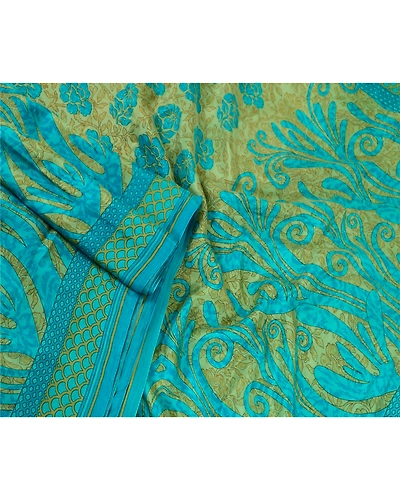 Sanskriti Vintage Sarees Indian Blue &amp; Green Pure Silk Printed Sari Craft Fabric, PR-64717-Green &amp; Blue-Pure Silk-5