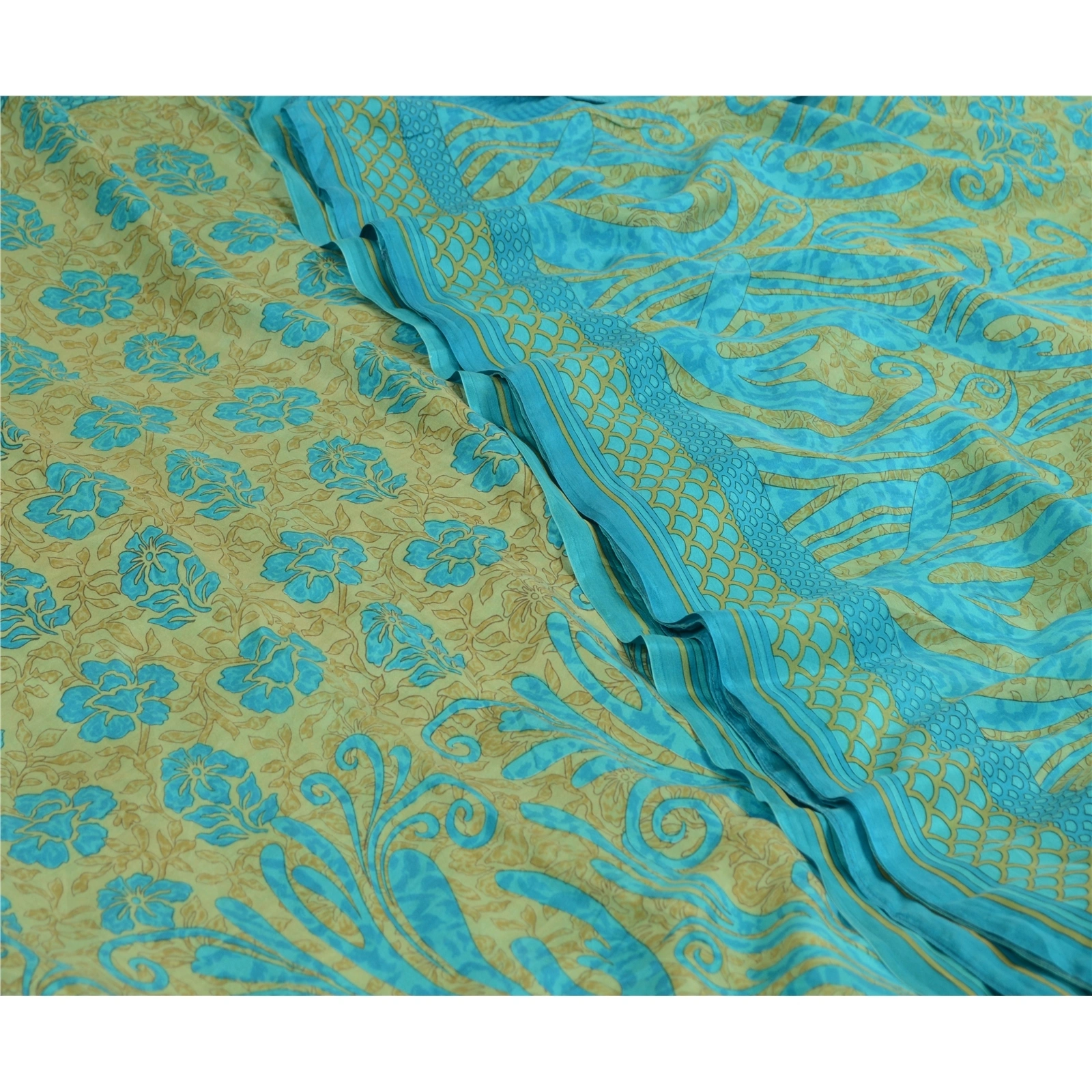 Sanskriti Vintage Sarees Indian Blue &amp; Green Pure Silk Printed Sari Craft Fabric, PR-64717-Green &amp; Blue-Pure Silk-6