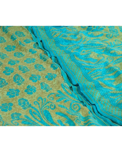 Sanskriti Vintage Sarees Indian Blue &amp; Green Pure Silk Printed Sari Craft Fabric, PR-64717-Green &amp; Blue-Pure Silk-6