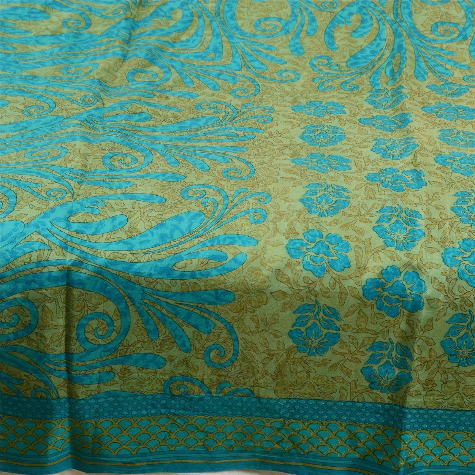 Sanskriti Vintage Sarees Indian Blue &amp; Green Pure Silk Printed Sari Craft Fabric, PR-64717-Green &amp; Blue-Pure Silk-7