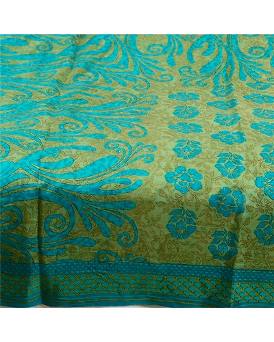 Sanskriti Vintage Sarees Indian Blue &amp; Green Pure Silk Printed Sari Craft Fabric, PR-64717-Green &amp; Blue-Pure Silk-7