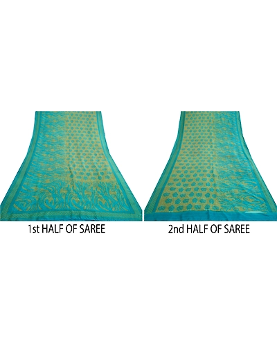 Sanskriti Vintage Sarees Indian Blue &amp; Green Pure Silk Printed Sari Craft Fabric, PR-64717-Green &amp; Blue-Pure Silk-8