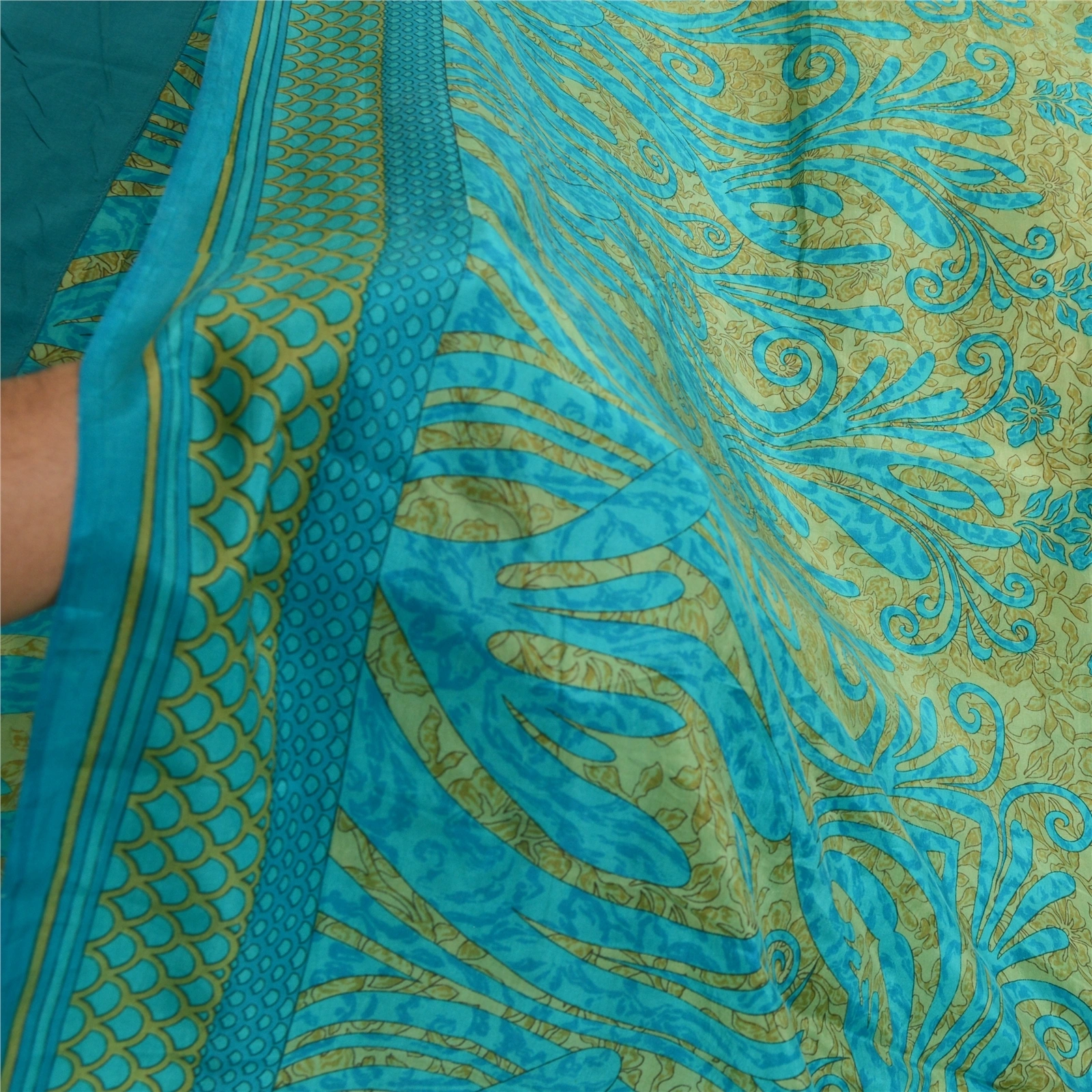 Sanskriti Vintage Sarees Indian Blue &amp; Green Pure Silk Printed Sari Craft Fabric, PR-64717-Green &amp; Blue-Pure Silk-9