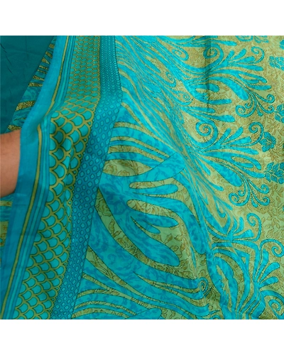Sanskriti Vintage Sarees Indian Blue &amp; Green Pure Silk Printed Sari Craft Fabric, PR-64717-Green &amp; Blue-Pure Silk-9
