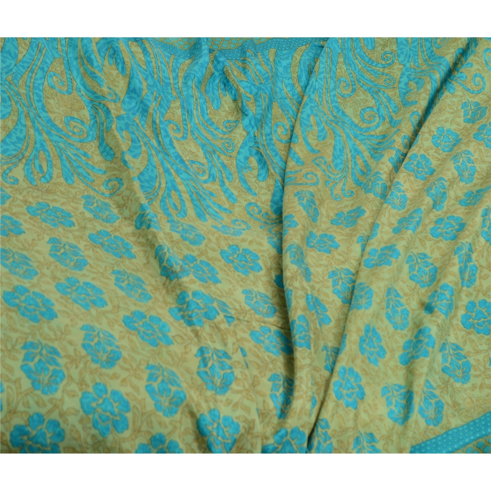 Sanskriti Vintage Sarees Indian Blue &amp; Green Pure Silk Printed Sari Craft Fabric, PR-64717-Green &amp; Blue-Pure Silk-10