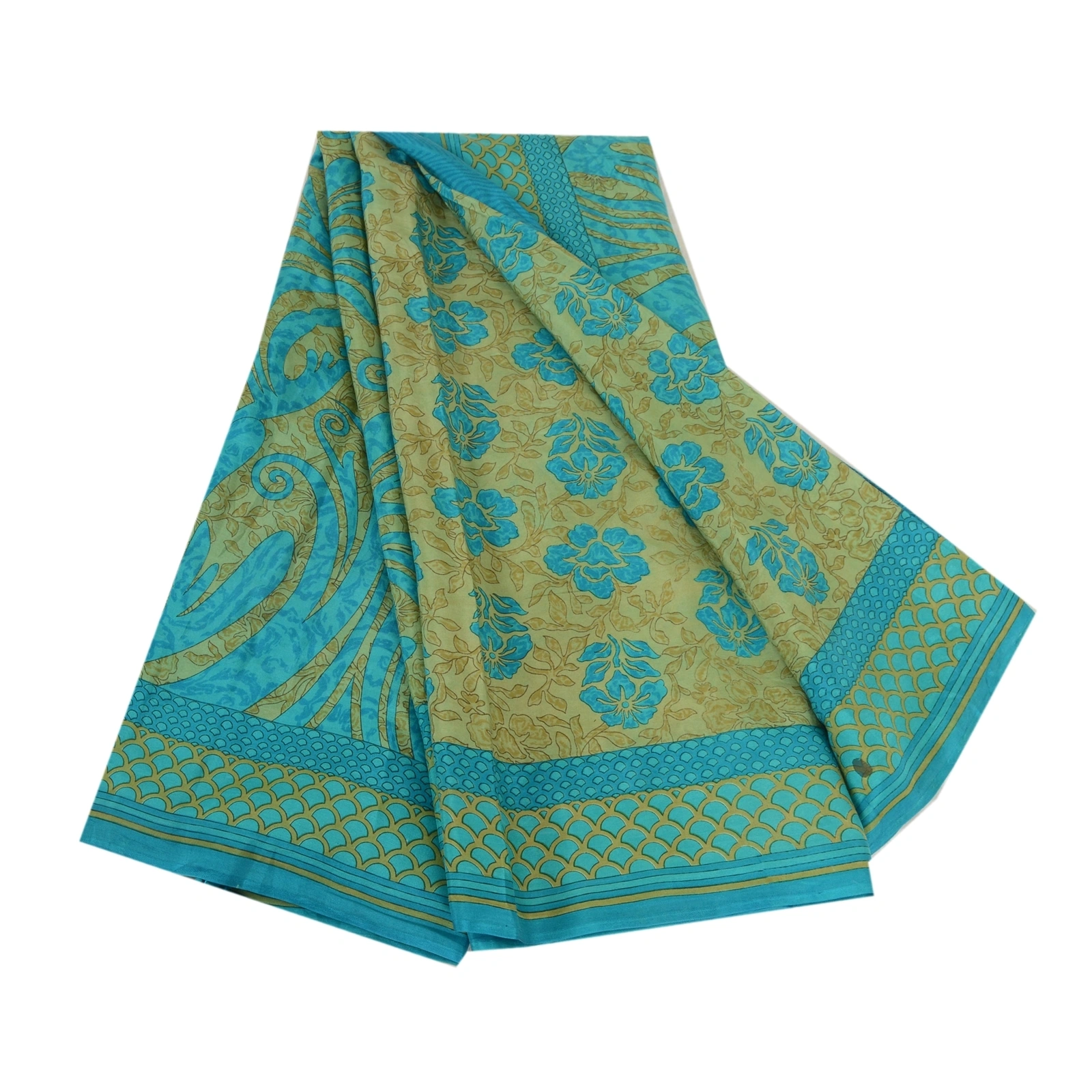 Sanskriti Vintage Sarees Indian Blue &amp; Green Pure Silk Printed Sari Craft Fabric, PR-64717-Green &amp; Blue-Pure Silk-11