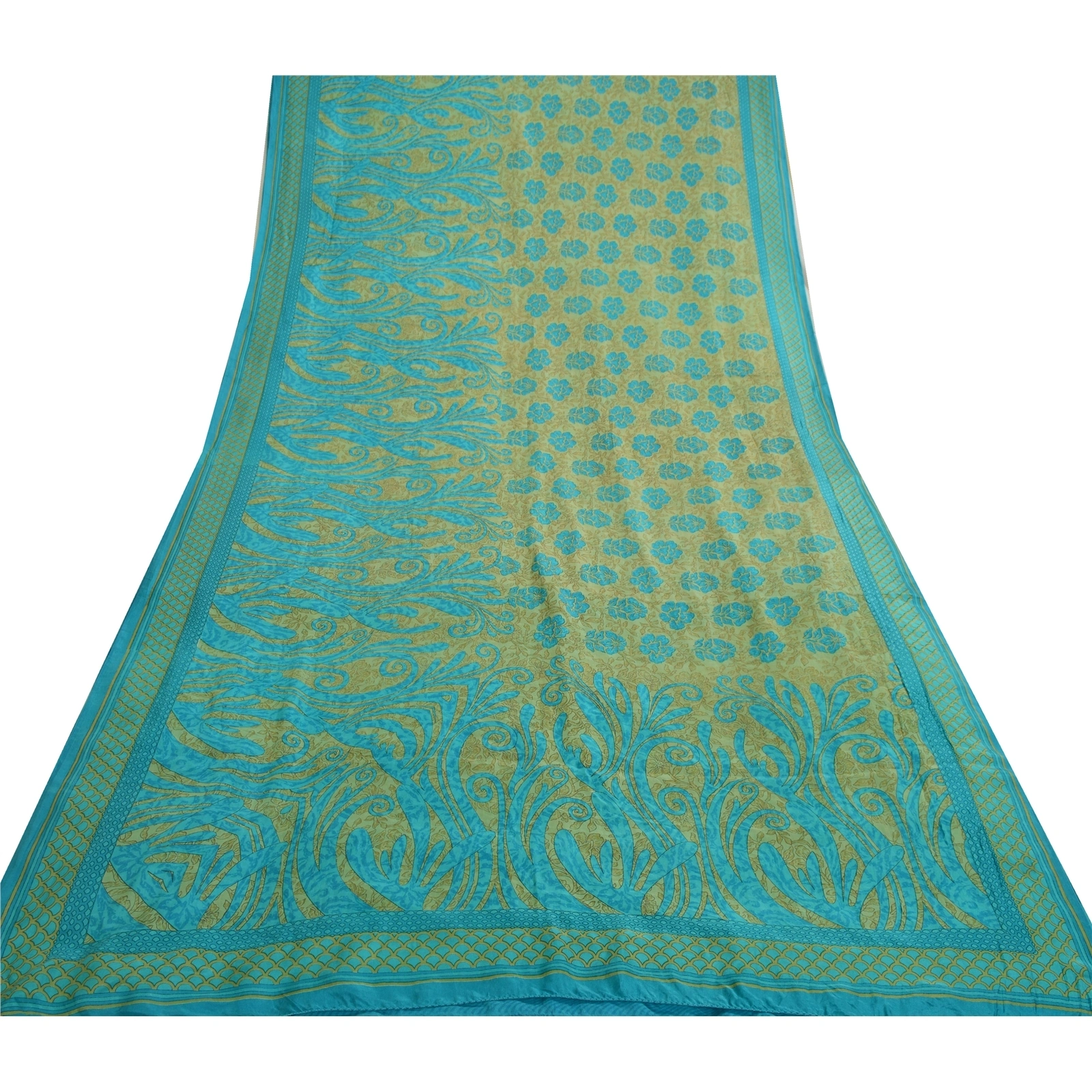 Sanskriti Vintage Sarees Indian Blue &amp; Green Pure Silk Printed Sari Craft Fabric, PR-64717-Green &amp; Blue-Pure Silk-12