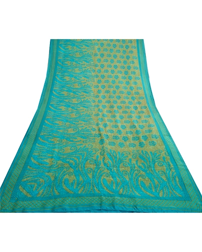 Sanskriti Vintage Sarees Indian Blue &amp; Green Pure Silk Printed Sari Craft Fabric, PR-64717-Green &amp; Blue-Pure Silk-12