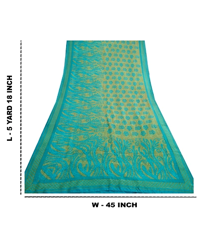 Sanskriti Vintage Sarees Indian Blue &amp; Green Pure Silk Printed Sari Craft Fabric, PR-64717-Green &amp; Blue-Pure Silk-13