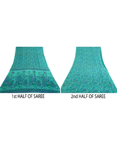 Sanskriti Vintage Sarees From India Blue Printed Pure Silk Sari 5Yd Craft Fabric, PR-64723-Blue-Pure Silk-7