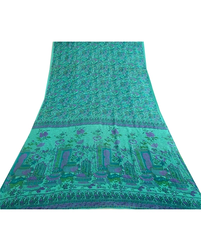Sanskriti Vintage Sarees From India Blue Printed Pure Silk Sari 5Yd Craft Fabric, PR-64723-Blue-Pure Silk-11