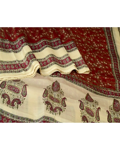 Sanskriti Vintage Sarees Dark Red &amp; Cream Pure Silk Printed Sari Craft Fabric, PR-64730-Dark Red &amp; Cream-Pure Silk-1