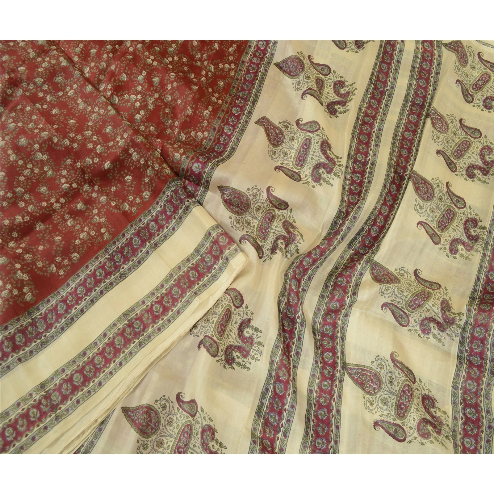 Sanskriti Vintage Sarees Dark Red &amp; Cream Pure Silk Printed Sari Craft Fabric, PR-64730-Dark Red &amp; Cream-Pure Silk-2